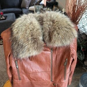 Preston & York Brown Lambskin Leather Raccoon Fur Collar Motor Jacket size S